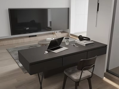 Modern Black Desk Workspace With Laptop Mouse Coffee Cup Headphones Books And Chair 3d model