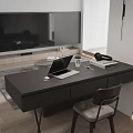Modern Black Desk Workspace With Laptop Mouse Coffee Cup Headphones Books And Chair