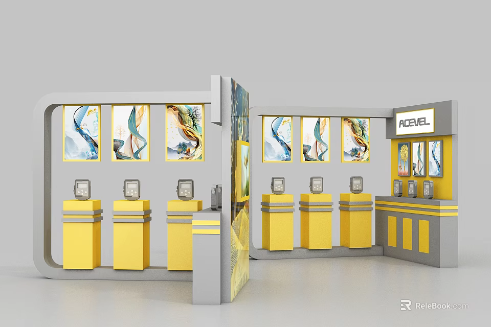 Modern Display Shelves With Yellow Pillars Gray Frames LEVEL Sign And Artworks 3d model 