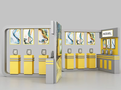 Modern Display Shelves With Yellow Pillars Gray Frames LEVEL Sign And Artworks 3d model