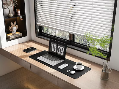 Modern Laptop On Window Sill With Phone Mouse Coffee Cup And Plant 3d model