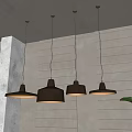Four Modern Dark Brown Gold Pendant Lights Hanging In Interior With Gray Wall White Grid