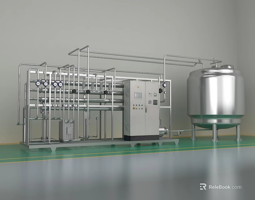 Industrial Equipment Setup With Stainless Steel Piping System Control Panel And Storage Tank 3d model 