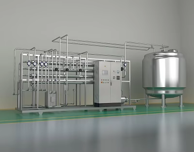 Industrial Equipment Setup With Stainless Steel Piping System Control Panel And Storage Tank 3d model