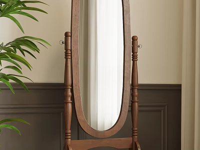 Standing Wooden Frame Mirror With Green Plant And Paneled Wall Decor 3d model