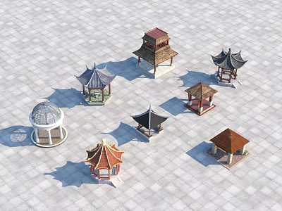 Garden Ornaments Featuring Various Traditional Pavilion Designs With Different Roof Styles On Stone Pavement 3d model