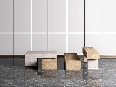 Stylish Coffee Tables Four Uniquely Designed Against White Wall And Grey Marble Floor 3d model