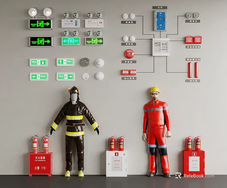 Fire Fighting Equipment Display With Firefighter Models Control Panels Hydrant Boxes Emergency Buttons Exit Signs 3d model