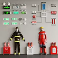 Fire Fighting Equipment Display With Firefighter Models Control Panels Hydrant Boxes Emergency Buttons Exit Signs 3d model