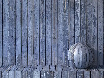 Rustic Wooden Sphere Component On Vertical Plank Wall And Floor 3d model