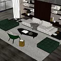 Modern Living Room Interior With Sofa Armchair Coffee Table Rug Floor Lamp And Bookshelves
