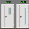 Safety Exit Doors With Glass Panels And Green Emergency Signs On Gray Wall