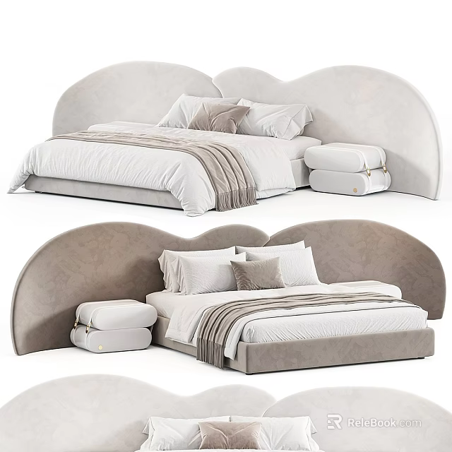 Modern Double Bed with Curved Headboard Soft Pillows Blanket and Stool 3d model 
