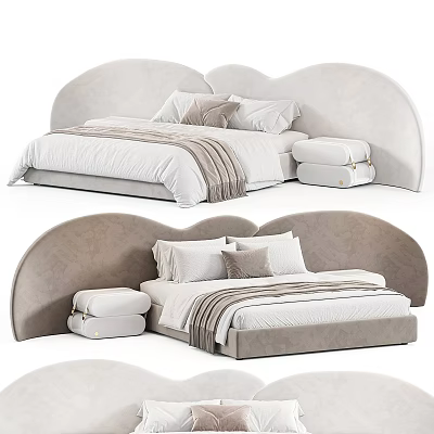 Modern Double Bed with Curved Headboard Soft Pillows Blanket and Stool 3d model