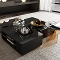 Modern Black Coffee Table With Gold Frame Elegant Design Featuring Tray Cups Books And Decor