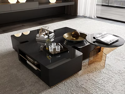 Modern Black Coffee Table With Gold Frame Elegant Design Featuring Tray Cups Books And Decor 3d model