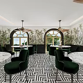 Hotel Lobby With Tropical Plant Murals Black White Geometric Flooring Green Banquette And Pendant Lights