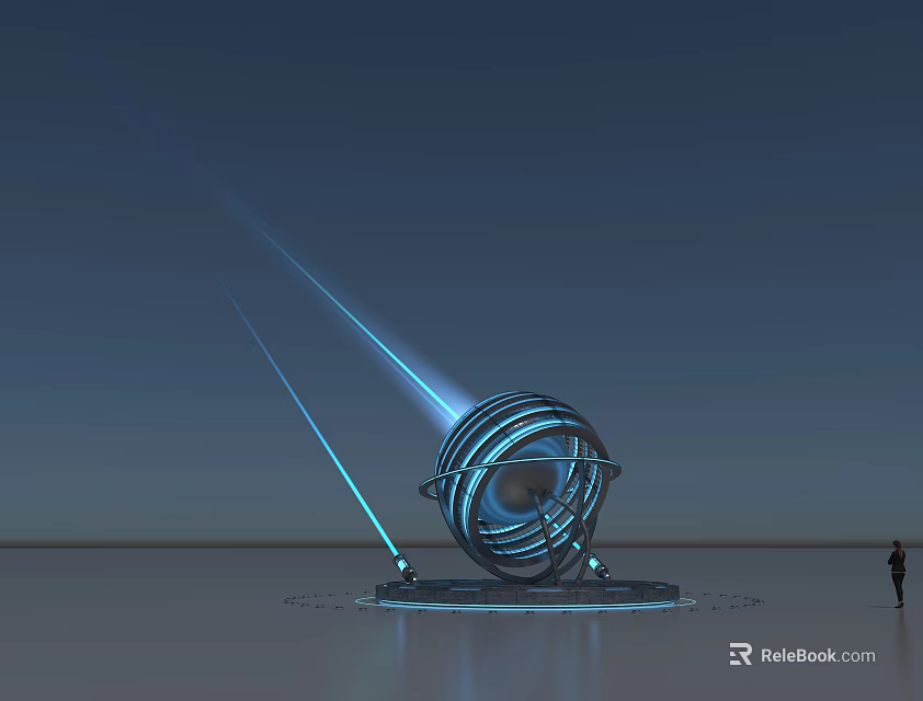 Futuristic Spherical Device With Support Base Emitting Blue Light Beams And Human Figure 3d model 
