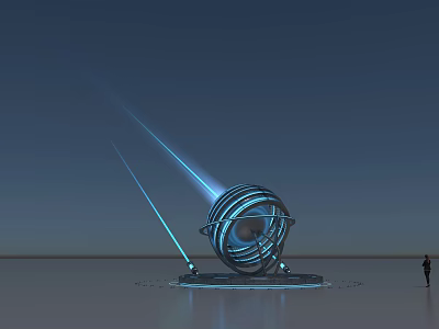 Futuristic Spherical Device With Support Base Emitting Blue Light Beams And Human Figure 3d model