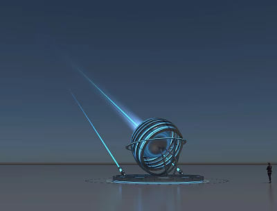 Futuristic Spherical Device With Support Base Emitting Blue Light Beams And Human Figure 3d model