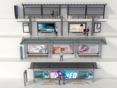 Modern Bus Stop Shelter Designs With Advertising Billboards And Seating Areas 3d model