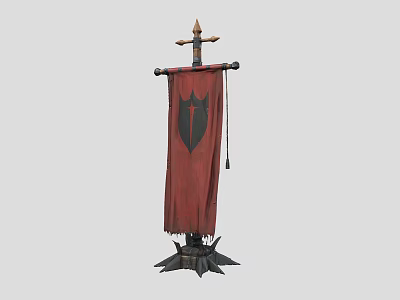 Medieval Weapon With Red Banner Black Symbol Spiked Top And Claw Base 3d model