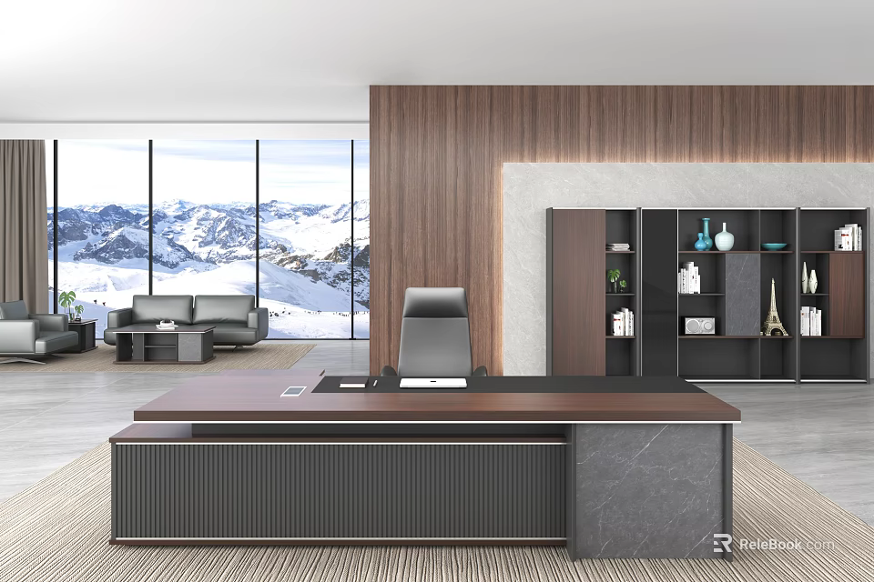 Modern Office Interior Design With Wooden Desk Bookshelf Sofa Area And Mountain View 3d model 
