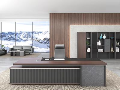 Modern Office Interior Design With Wooden Desk Bookshelf Sofa Area And Mountain View 3d model