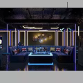Modern Bar Interior With Red Black Shelves Neon Lights Bar Counter And Stools