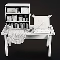 Vintage Functional Table with Paint Cans Cabinet Roller and Cloth Tools 3d model