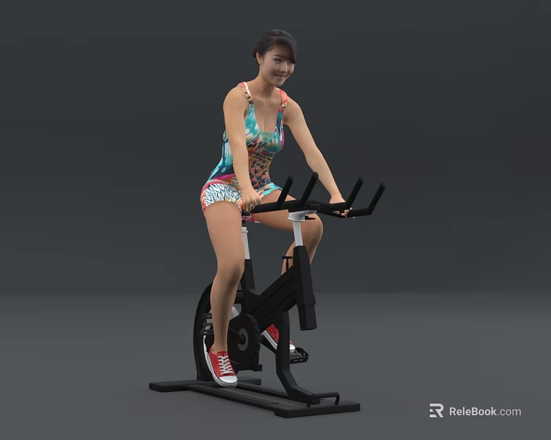 Woman Exercising on Stationary Bike in Colorful Sportswear Against Gray Background 3d model 