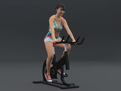 Woman Exercising on Stationary Bike in Colorful Sportswear Against Gray Background 3d model
