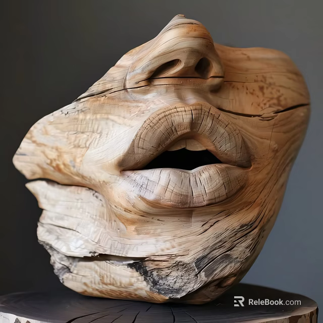 Decorative Wooden Sculpture Set Featuring Carved Face With Detailed Lips And Nose 3d model 