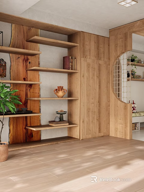 Warm Modern Living And Dining Area Interior With Wooden Shelves Plant And Decorative Vases 3d model 