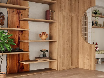 Warm Modern Living And Dining Area Interior With Wooden Shelves Plant And Decorative Vases 3d model