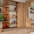 Warm Modern Living And Dining Area Interior With Wooden Shelves Plant And Decorative Vases