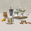 Stylish Decorative Ornament Set With Coffee Mugs Books Fresh Flowers And Walnuts For Tabletop