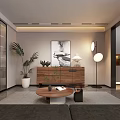 Modern Living and Dining Room Interior With Sofa Coffee Table Open Layout And Lighting 3d model