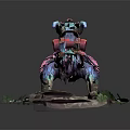 Colorful Fantasy Bird Creature With Red Saddle On Rock Base And Green Plants