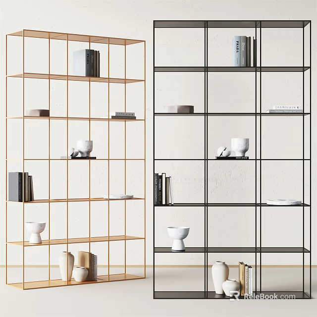 Modern Shelving Units With Golden And Black Frame Featuring Books Cups And Decorative Vases 3d model 