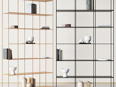 Modern Shelving Units With Golden And Black Frame Featuring Books Cups And Decorative Vases 3d model