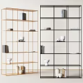 Modern Shelving Units With Golden And Black Frame Featuring Books Cups And Decorative Vases