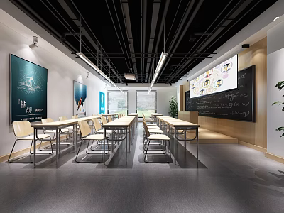 Modern School Classroom Interior With Desks Chairs Blackboard And Projection Screen 3d model