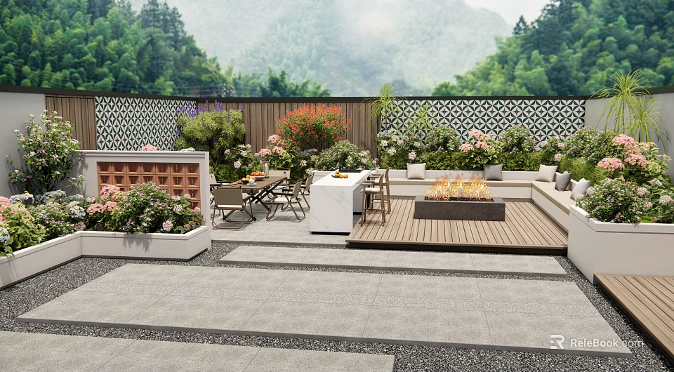 Lush Courtyard Garden With Wooden Deck Fire Pit Outdoor Furniture And Colorful Flowers 3d model 