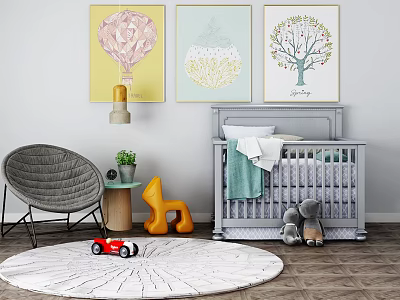 Gray Baby Crib With Stuffed Toys On Round White Rug And Three Wall Paintings Nearby 3d model