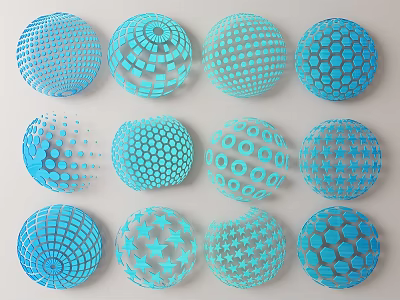 Blue Spherical Wall Decor with Diverse Geometric Patterns and Textured Designs 3d model