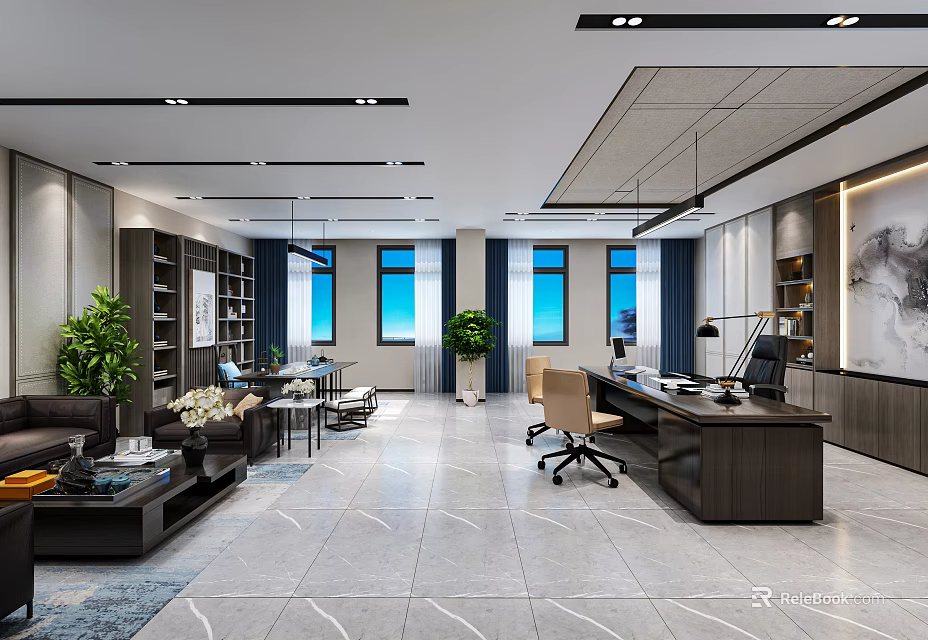 Modern Office Interior With Wooden Bookshelves Green Plants Large Windows And Marble Floor 3d model 