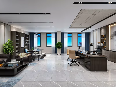 Modern Office Interior With Wooden Bookshelves Green Plants Large Windows And Marble Floor 3d model