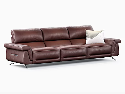 Brown Leather Three-Seater Sofa With Modern Design Metal Legs And White Accent Pillow 3d model