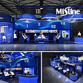 MiLine Blue Exhibition Booth With Multiple Zones Display Counters And Hanging Lights
